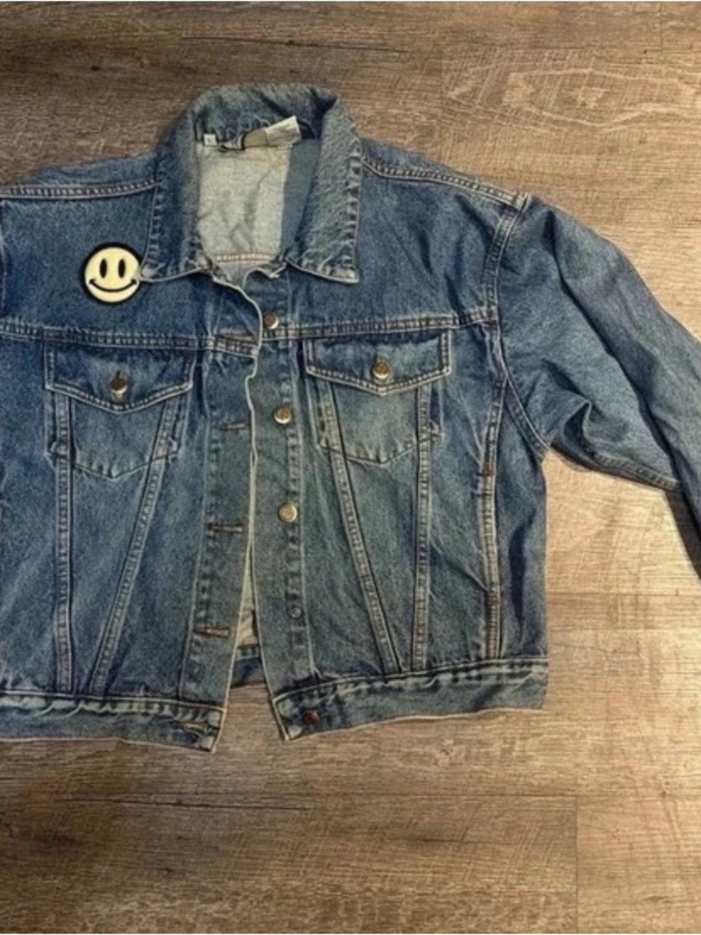 VTG 90s Bill Blass denim jacket size large smiley/happy face patches